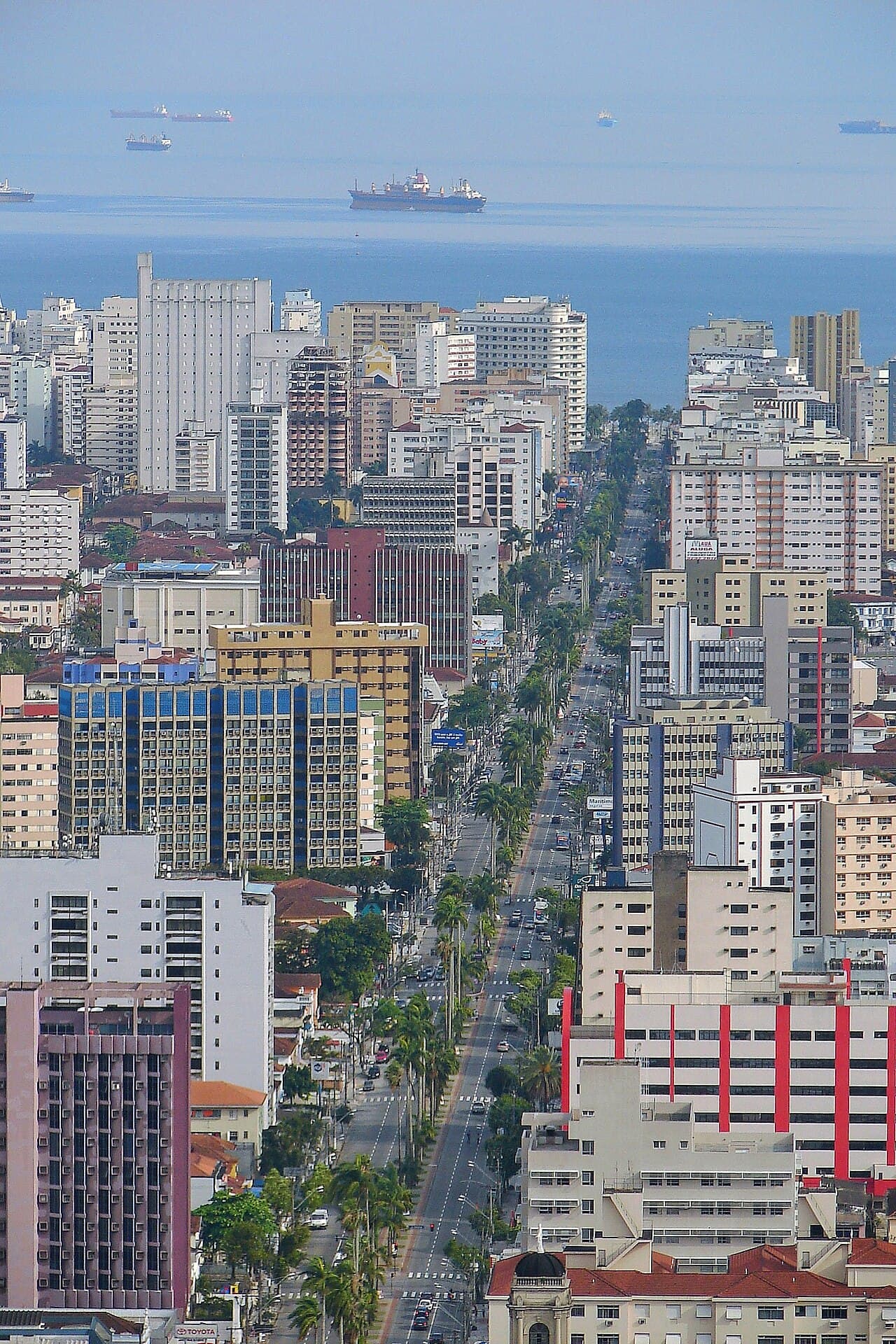 Avenida Ana Costa em Santos, vista do alto, descendo entre os prédios até o mar